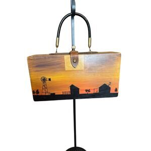 Vintage Wood Box Prairie Painted Plastic Handled Purse with Leather Twist Latch